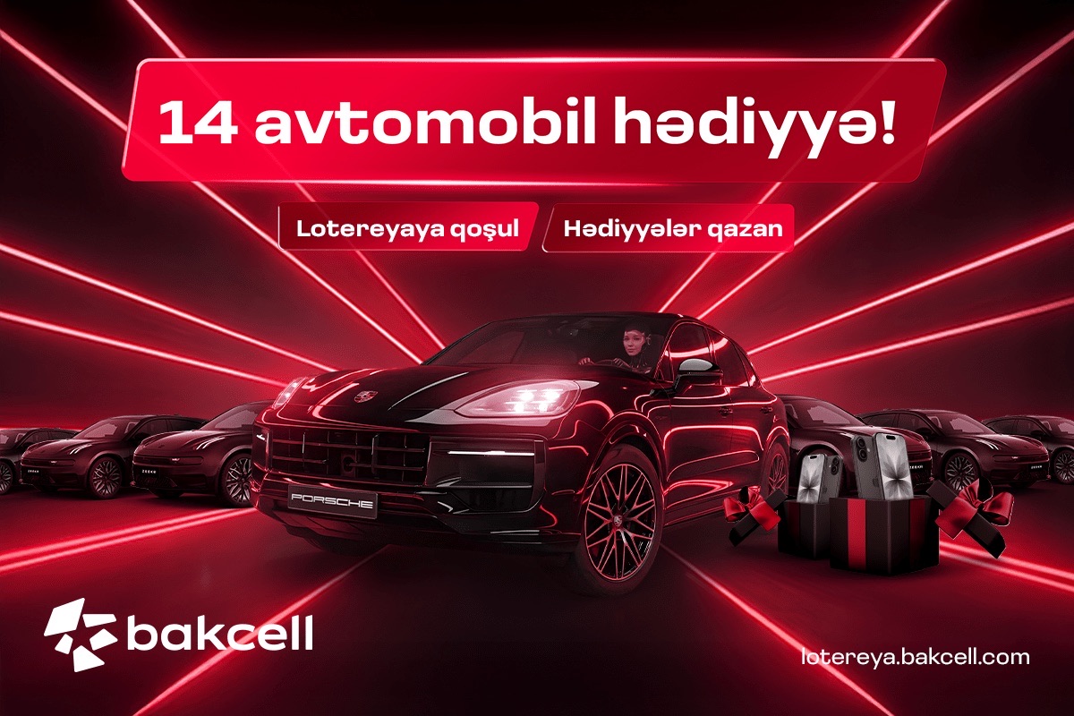 Bakcell uduş lotereyası kampaniyasının əsas vizualı, əsas mükafat Porsche Cayenne, həftəlik hədiyyə Zeekr 001 avtomobilləri və iPhone hədiyyə qutuları ilə birlikdə, "14 avtomobil" kampaniya mesajı ilə