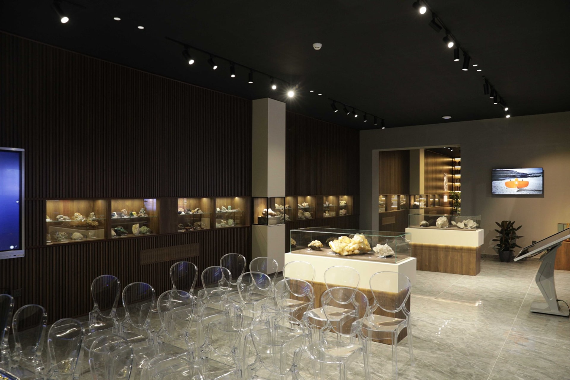 Museum interior with dark timber and walnut wall panels