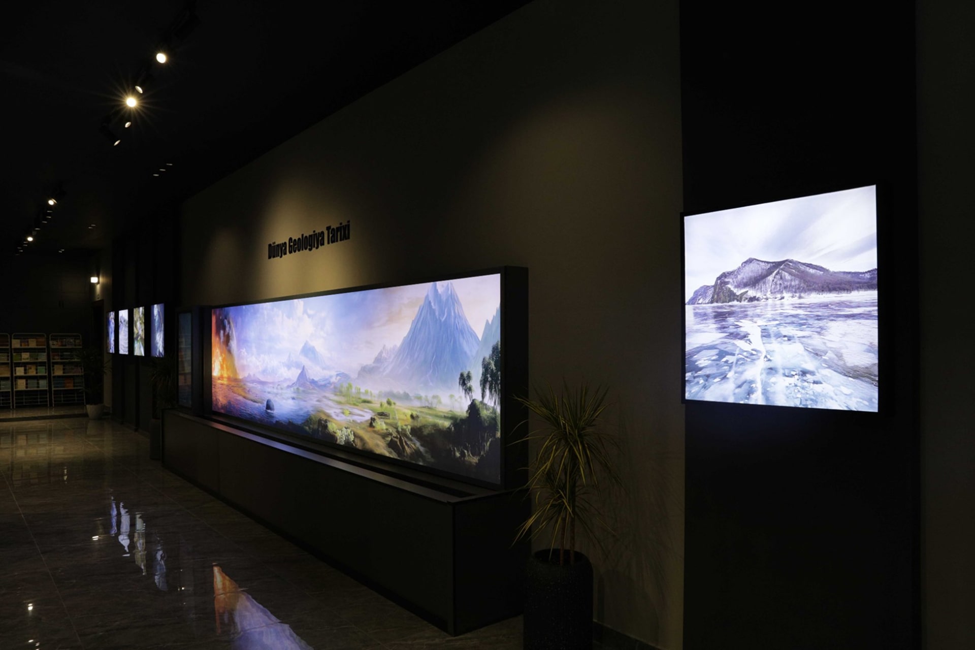 Polished marble flooring and LED track lighting