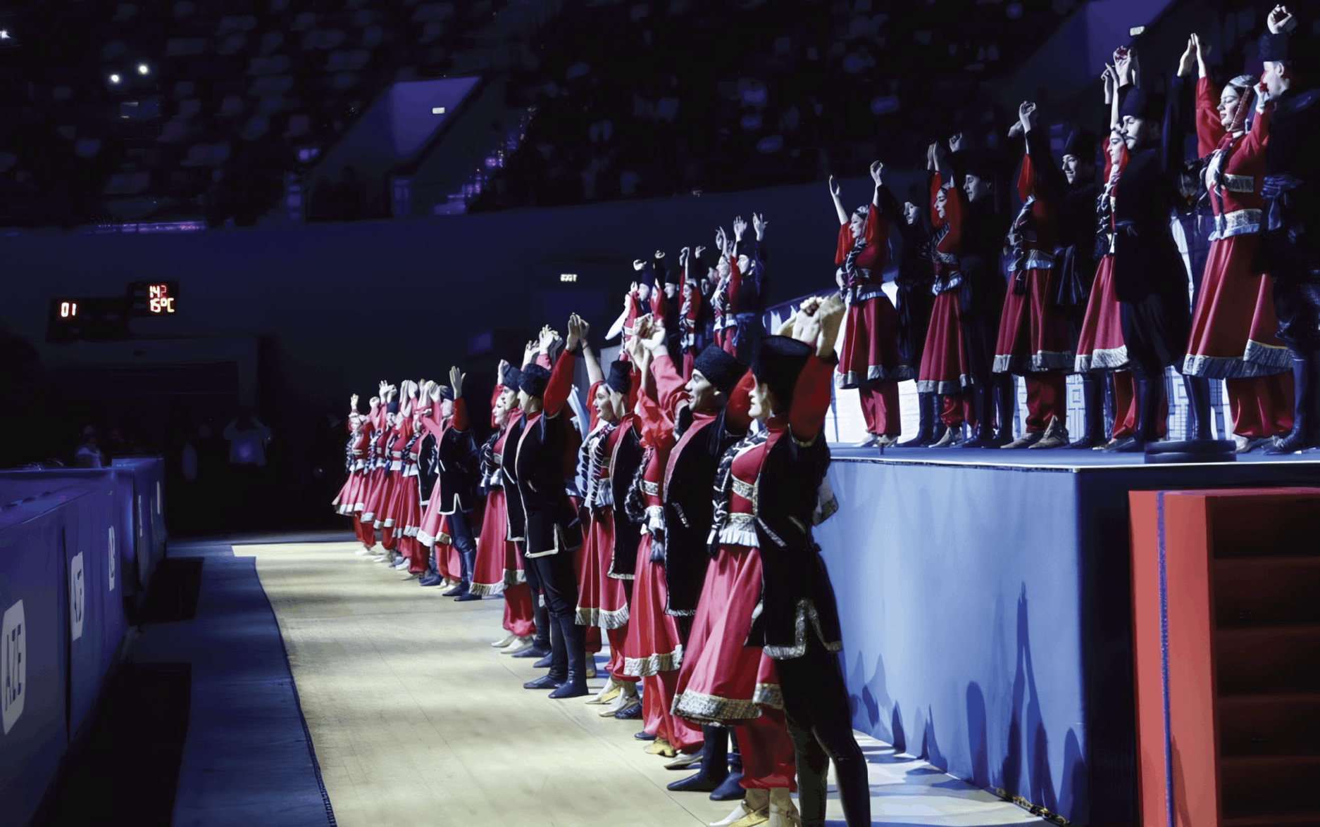 Traditional Azerbaijani dancers performing at the ice arena